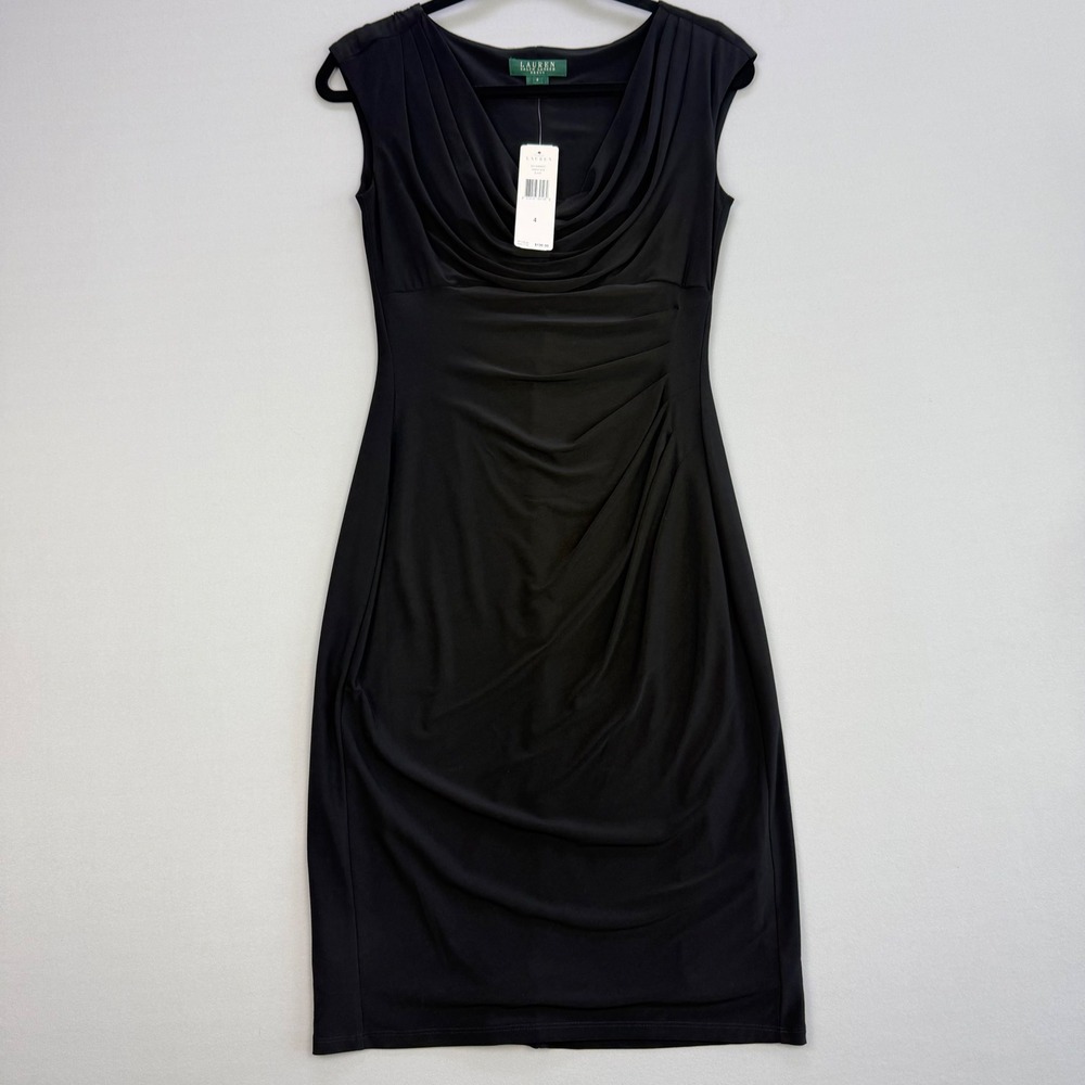 NWT Lauren Ralph Lauren Essentials Black Cowl Neck Ruched Sheath Dress Size 4